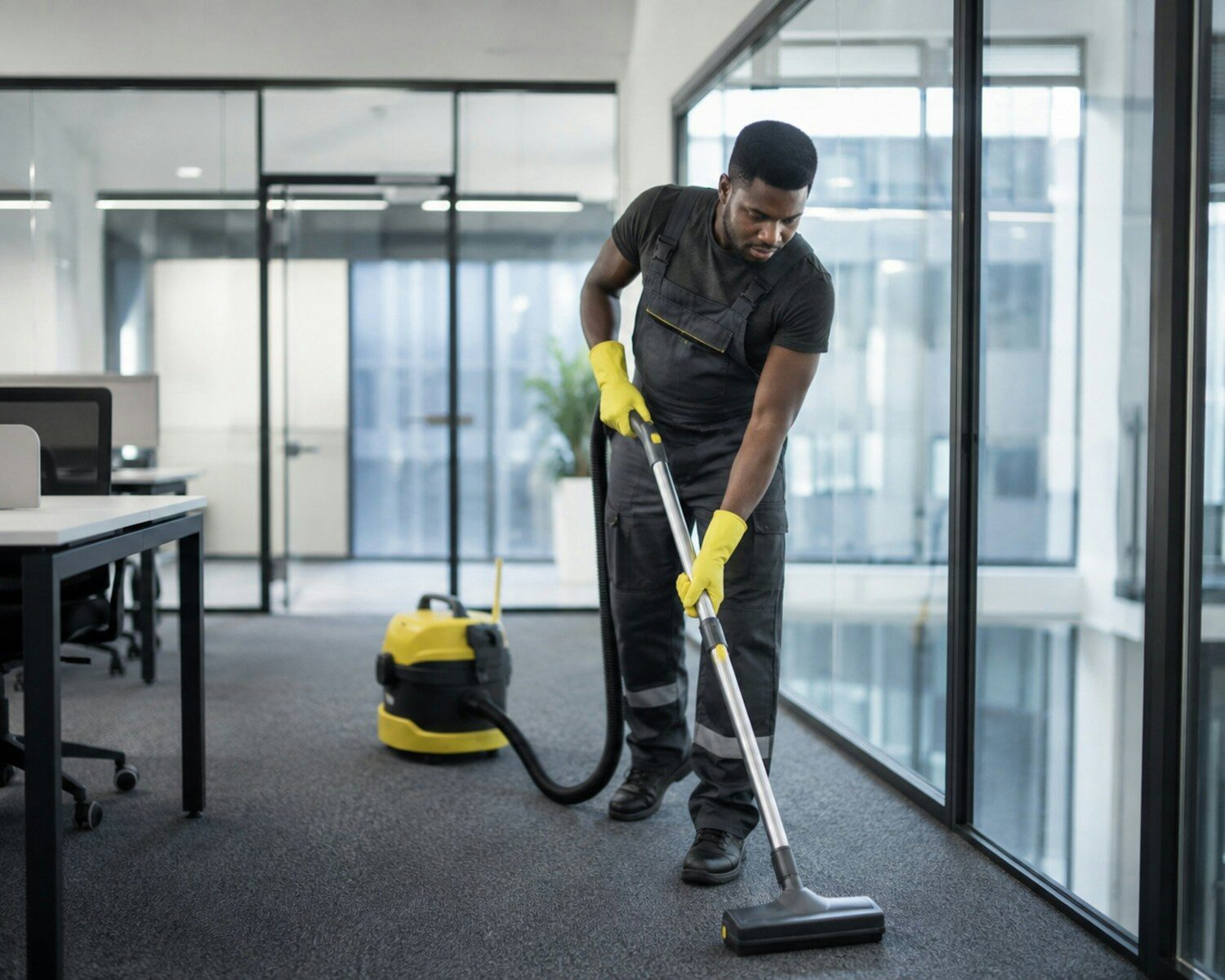 A man in yellow gloves vacuums a carpeted office floor.